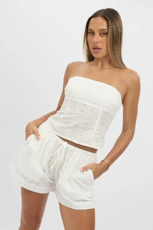 White Shorts Mid Rise Eyelet Fabric