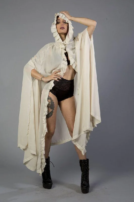 Hooded Gothic Victorian Cape In Cream Chiffon