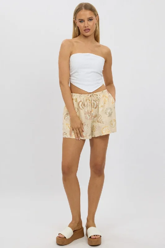 Beige Abstract Shorts Mid Rise