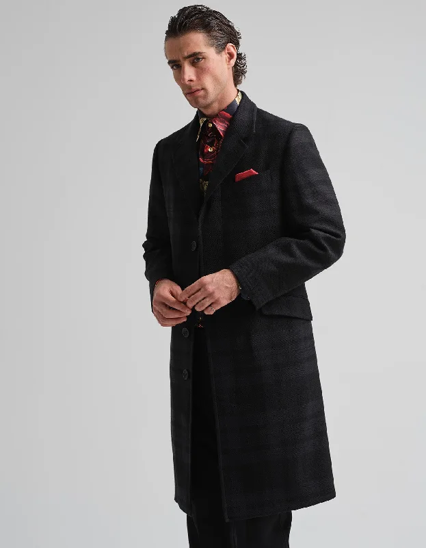 Tonal Black Tartan Covert Coat GOLD