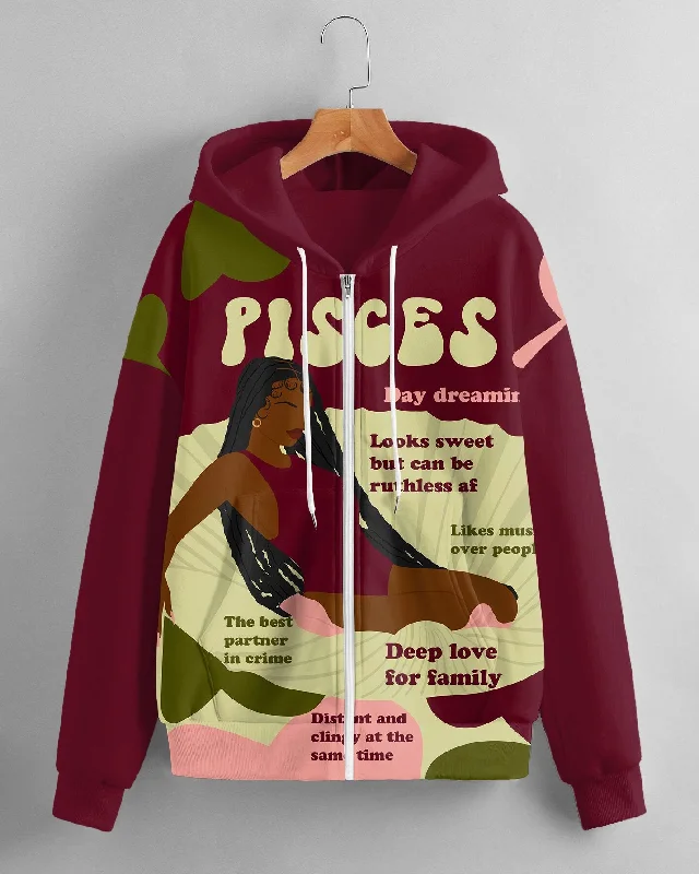 Women's Fashion Daily Black Pisces Women Print Long Sleeve Zipper Hoodie