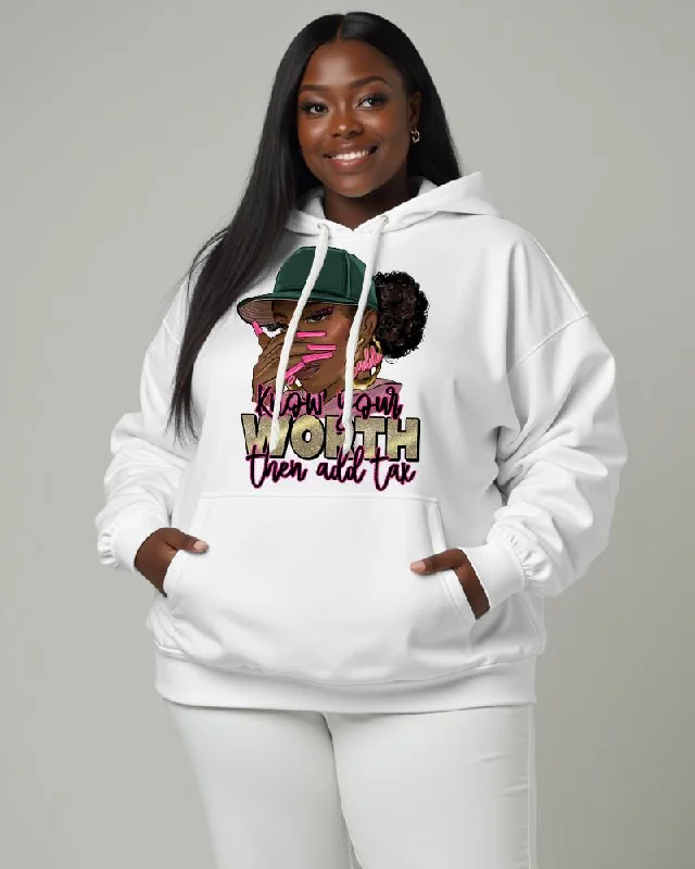 Women's Black Girl Slogan Know Your Worth Then Add Tax Pocket Long Sleeve Hoodie