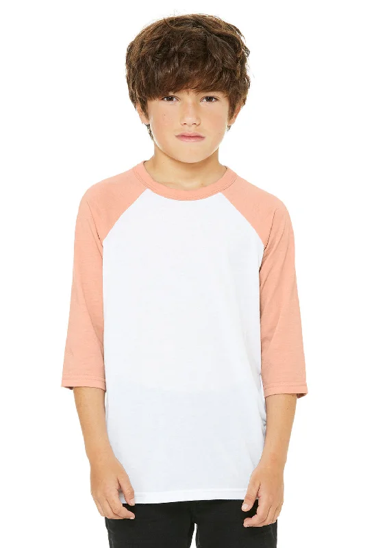 Bella + Canvas Youth 3/4 Sleeve Crewneck T-Shirt - White/Heather Peach