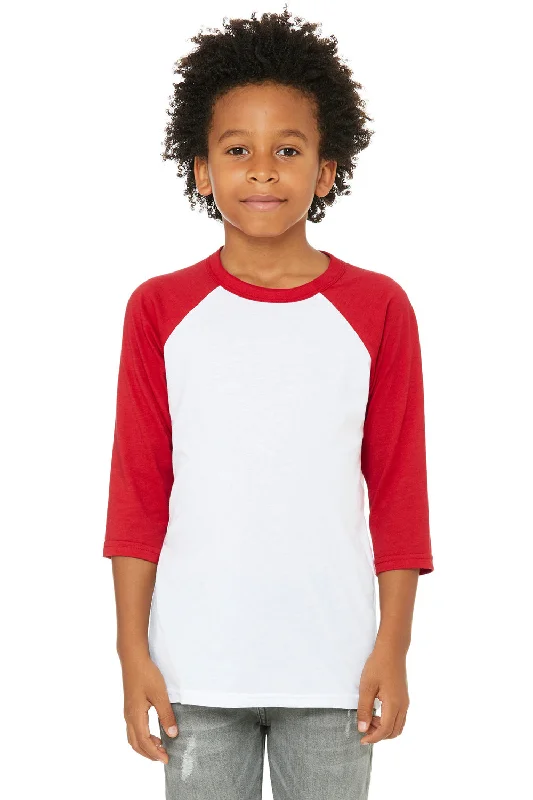 Bella + Canvas Youth 3/4 Sleeve Crewneck T-Shirt - White/Red