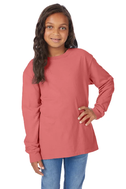 ComfortWash By Hanes Youth Garment Dyed Long Sleeve Crewneck T-Shirt - Coral Craze