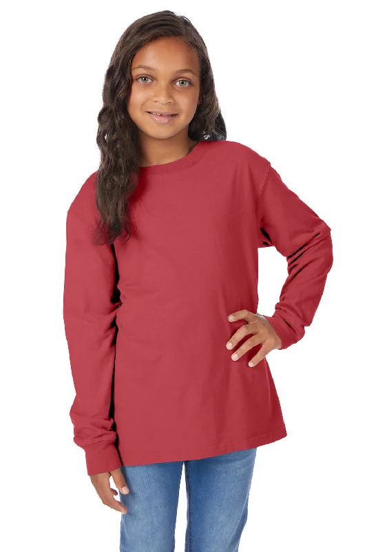 ComfortWash By Hanes Youth Garment Dyed Long Sleeve Crewneck T-Shirt - Crimson Fall Red