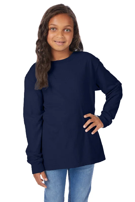 ComfortWash By Hanes Youth Garment Dyed Long Sleeve Crewneck T-Shirt - Navy Blue