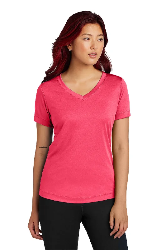 Sport-Tek Womens Competitor Moisture Wicking Short Sleeve V-Neck T-Shirt - Hot Coral Pink