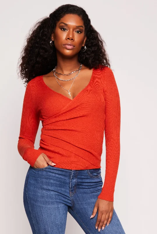 Rib Knit Long Sleeve Surplice Sweater