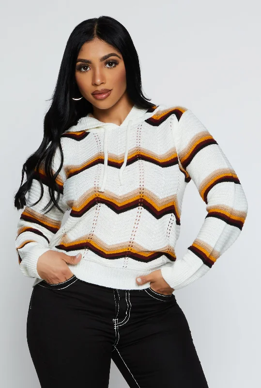 Chevron Pointelle Knit Hooded Sweater