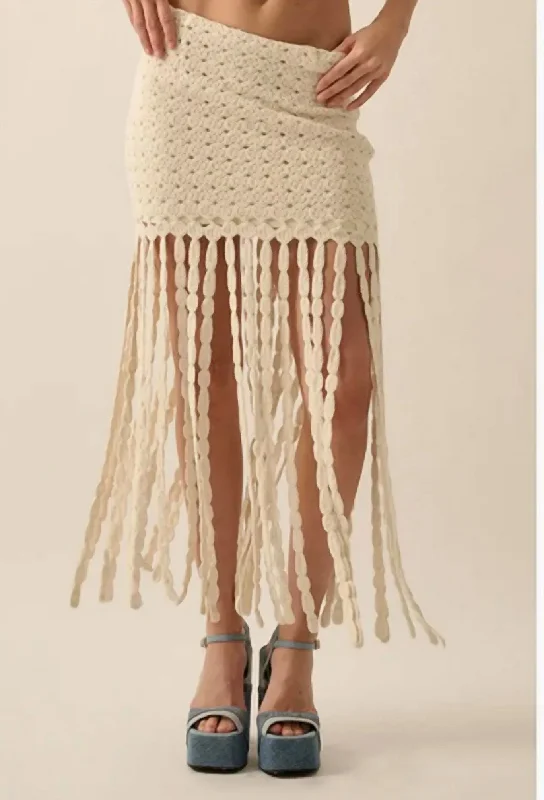 Solid Crochet Eyelet-Knit Fringe Maxi Skirt In Off White