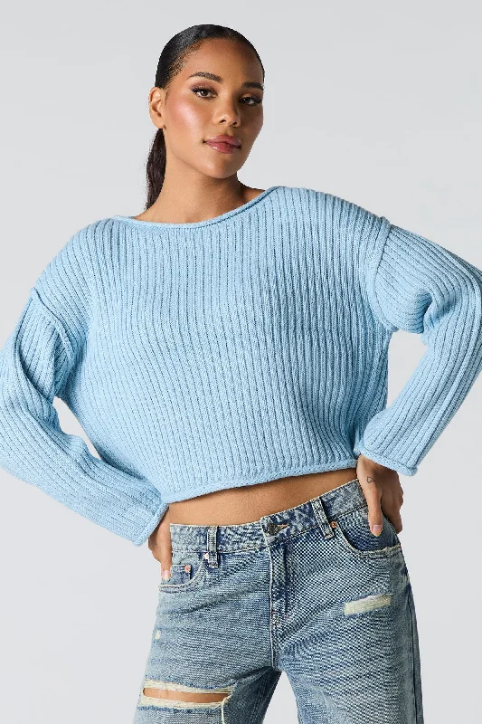 Ribbed Knit Boat Neck Sweater