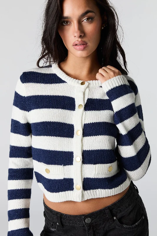 Striped Ribbed Knit Snap Button Cardigan