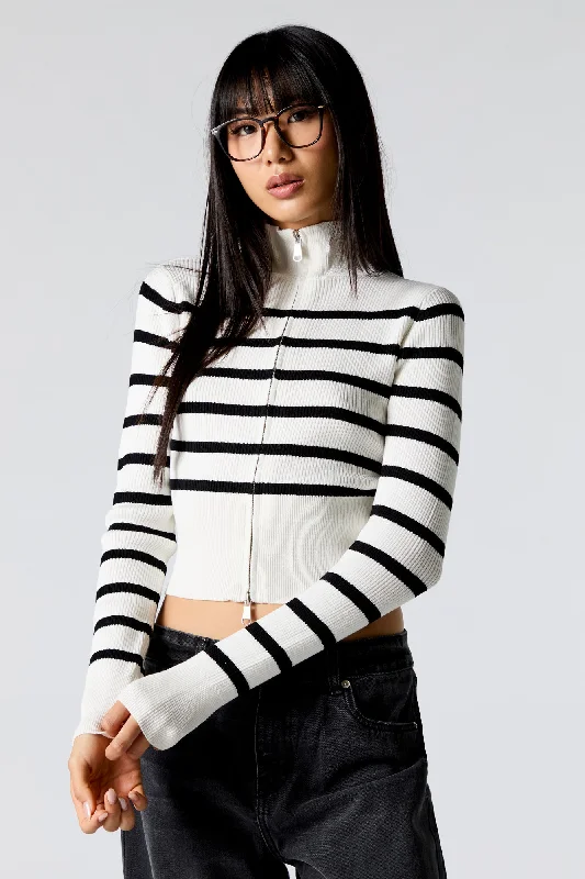 Striped Ribbed Knit Zip-Up Mock Neck Sweater