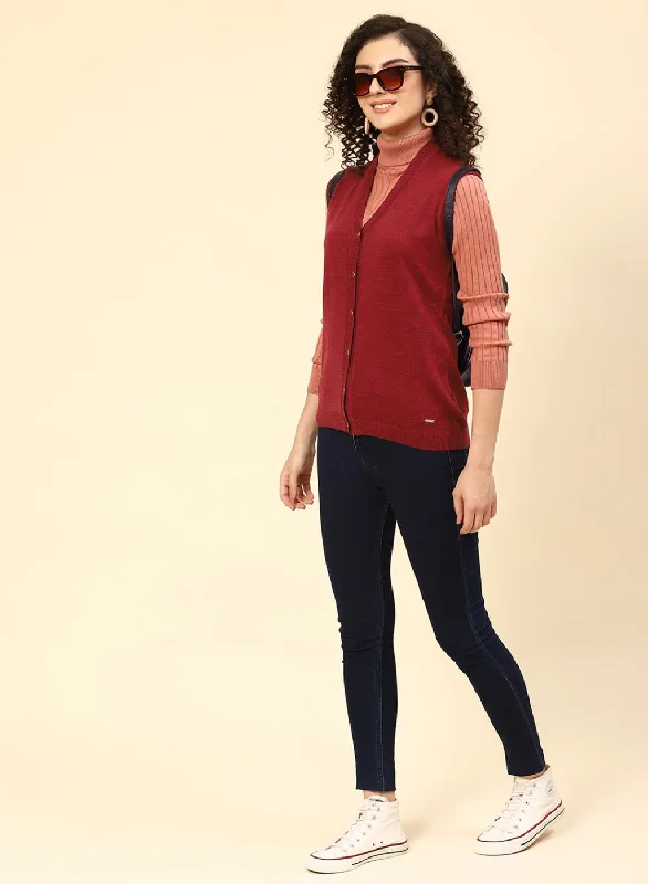 Women Maroon Solid Wool blend Cardigan