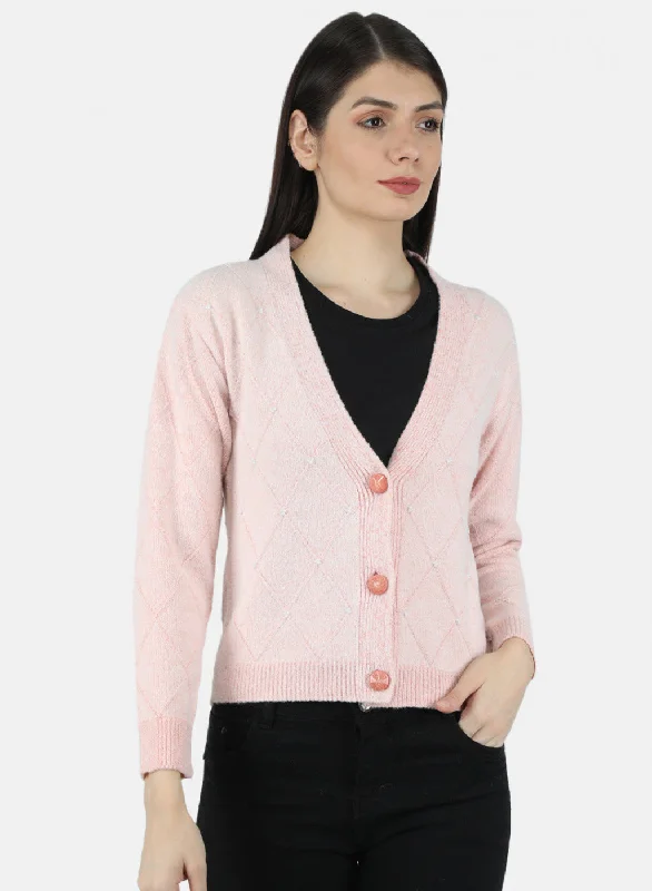 Women Pink Self Design Cardigan