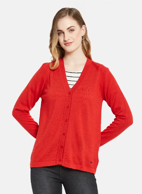 Women Red Solid Cardigan