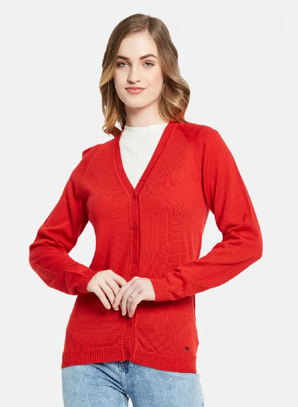 Women Red Solid Cardigan