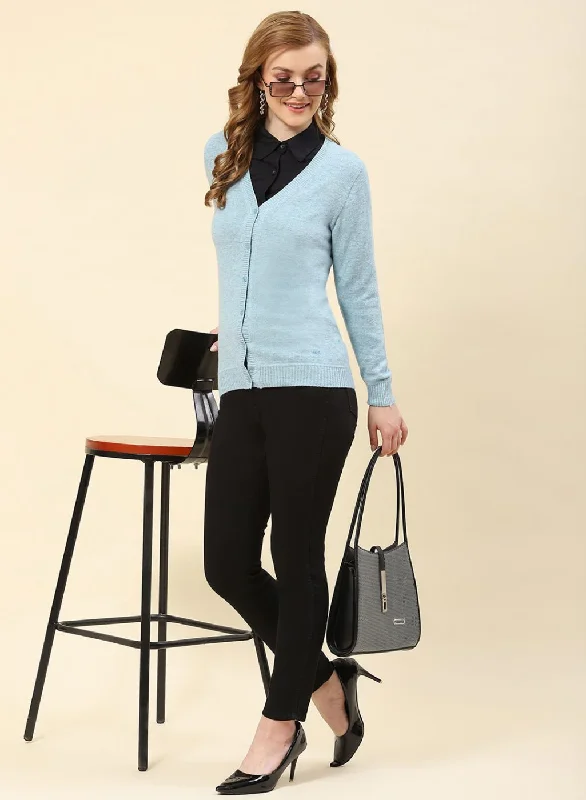 Women Sky Blue Solid Lamb wool Cardigan