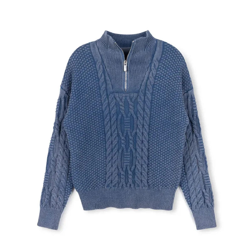 Vibe Blue Textured Knit Wash Half Zip Sweater