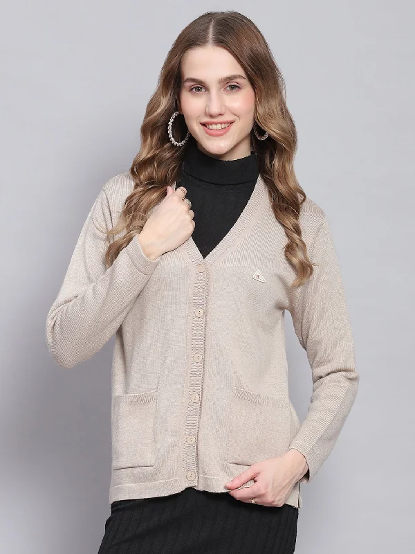 Women Beige Solid V Neck Full Sleeve Cardigans