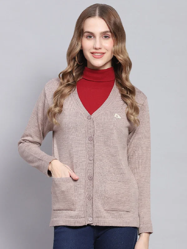 Women Beige Solid V Neck Full Sleeve Cardigans