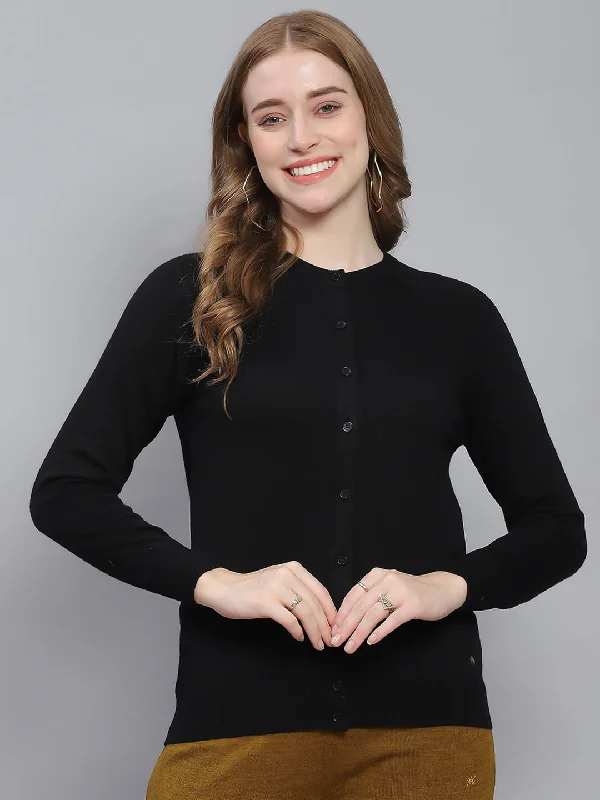 Women Black Solid Round Neck Full Sleeve Cardigans