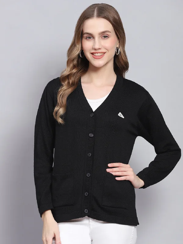 Women Black Solid V Neck Full Sleeve Cardigans