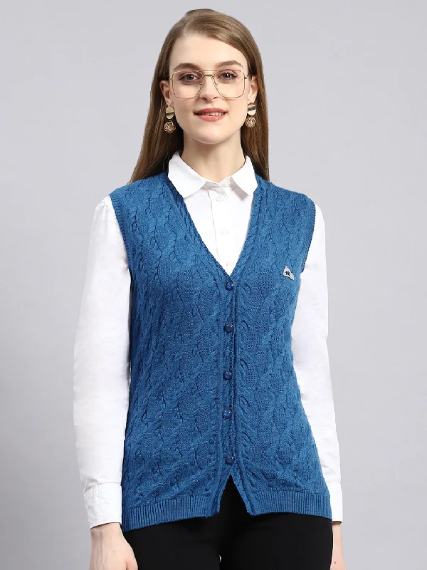 Women Blue Self Cardigan