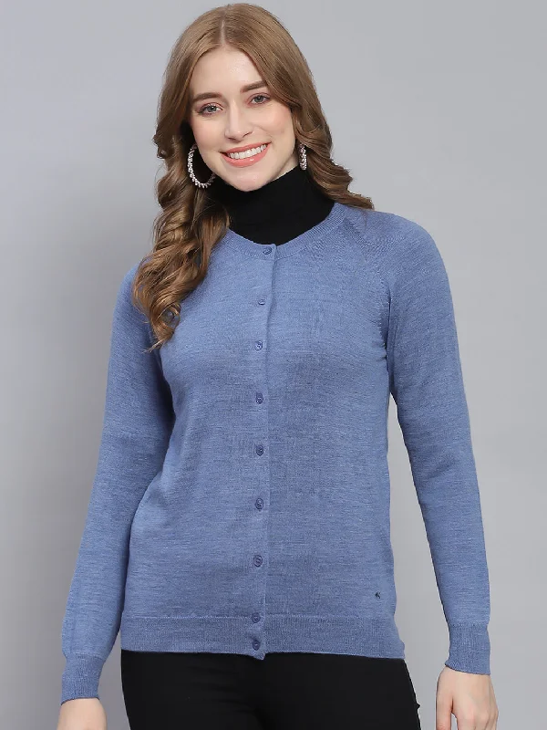 Women Blue Solid Round Neck Full Sleeve Cardigan