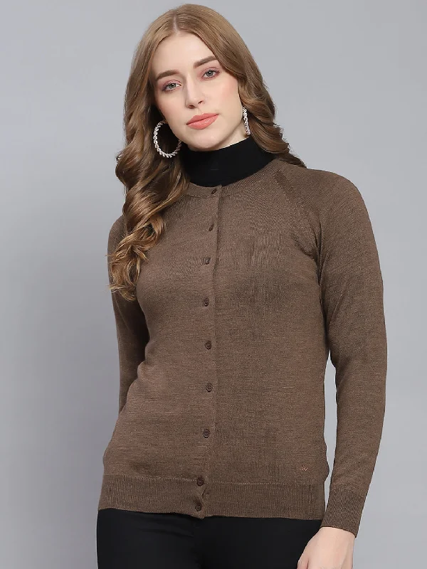 Women Brown Solid Round Neck Full Sleeve Cardigan