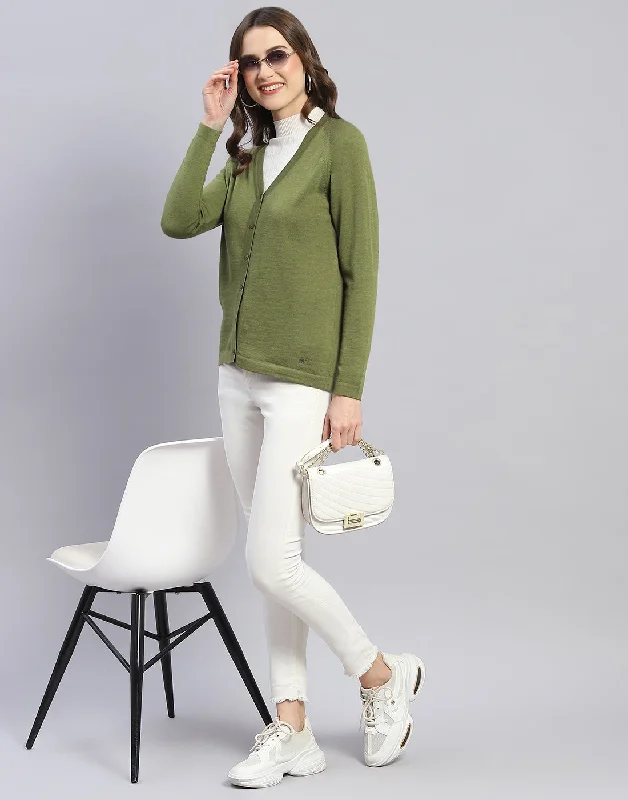 Women Green Solid V Neck Full Sleeve Cardigan