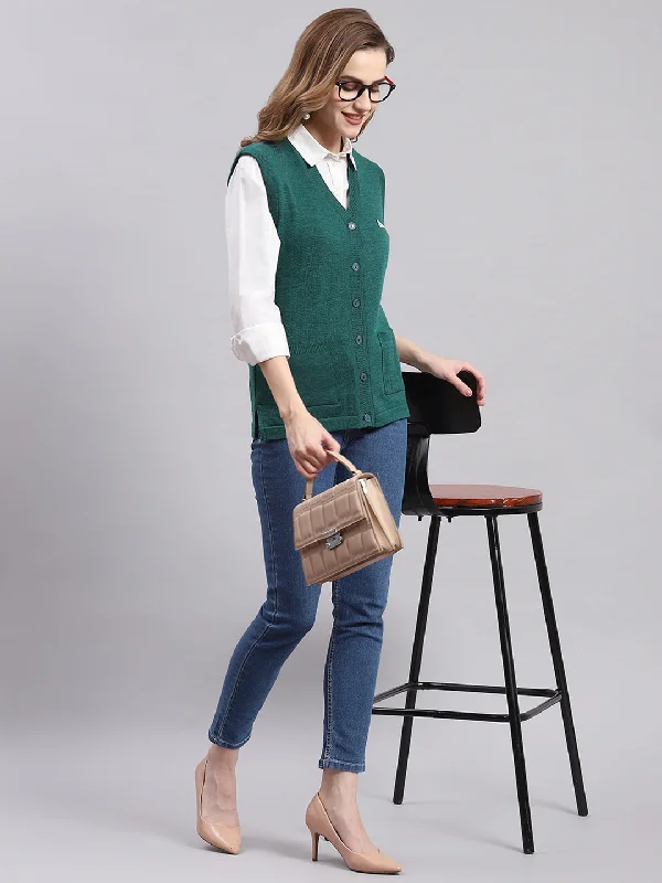 Women Green Solid V Neck Sleeveless Cardigans