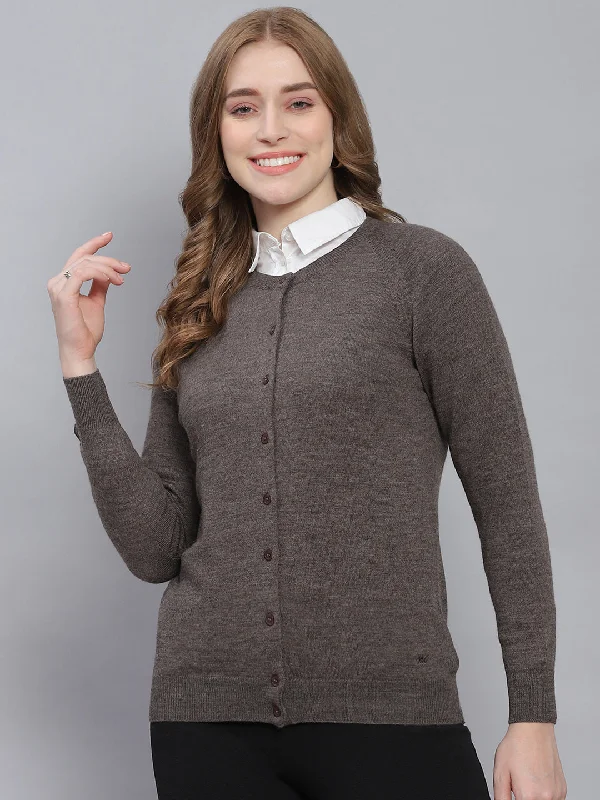 Women Grey Solid Round Neck Full Sleeve Cardigans