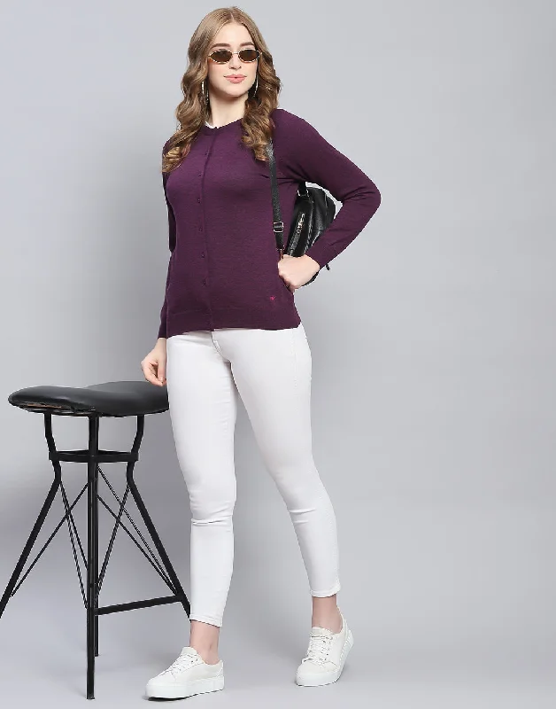 Women Maroon Solid Round Neck Full Sleeve Cardigan