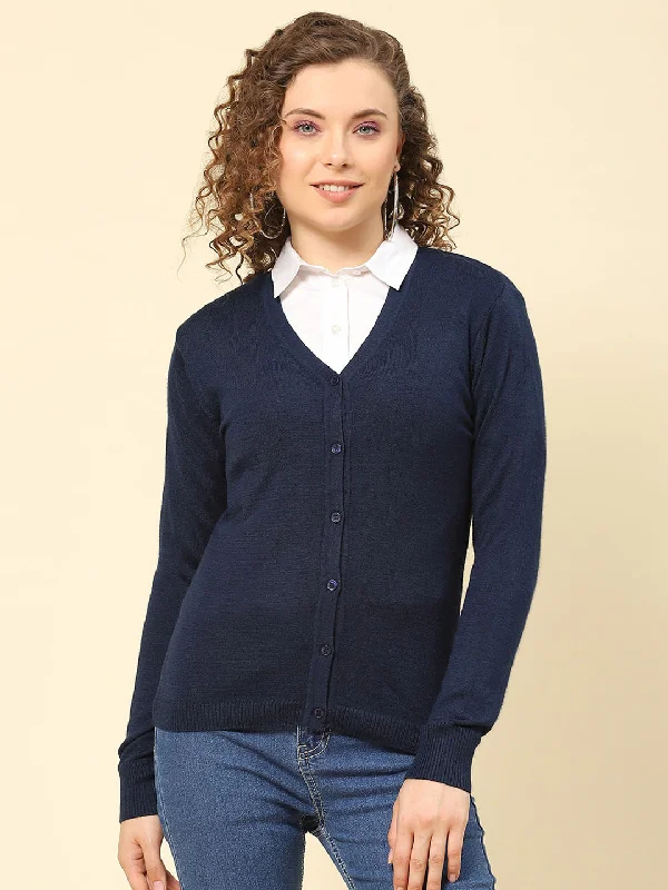 Women Navy Blue Solid V Neck Full Sleeve Cardigans