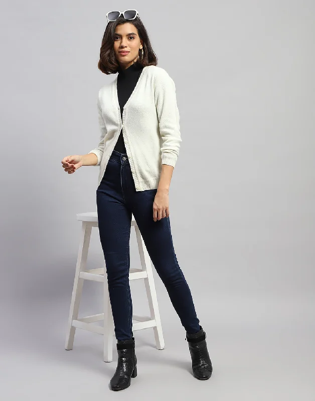 Women Off White Solid V Neck Full Sleeve Cardigan