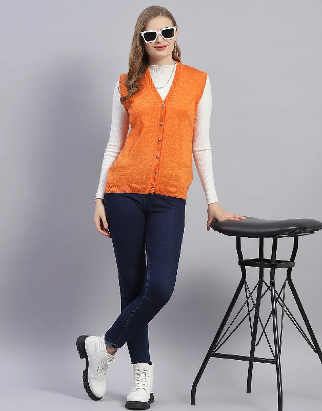 Women Orange Solid V Neck Sleeveless Cardigan