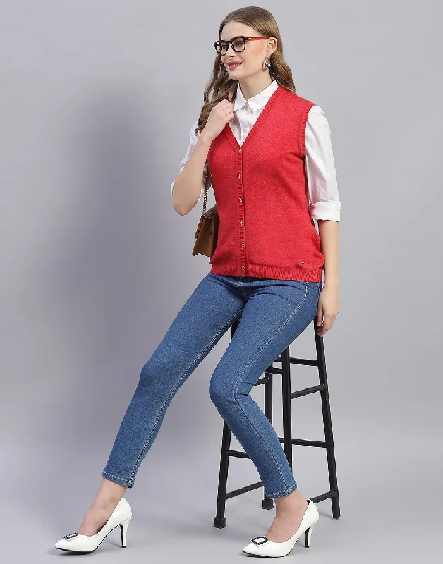 Women Pink Solid V Neck Sleeveless Cardigan