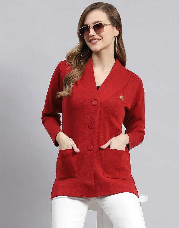 Women Rust Solid V Neck Full Sleeve Cardigans