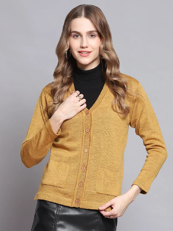 Women Yellow Solid V Neck Full Sleeve Cardigans