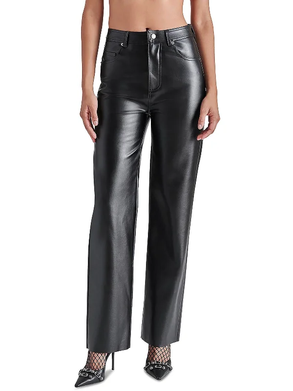 Loren Womens Faux Leather Mid-Rise Straight Leg Pants