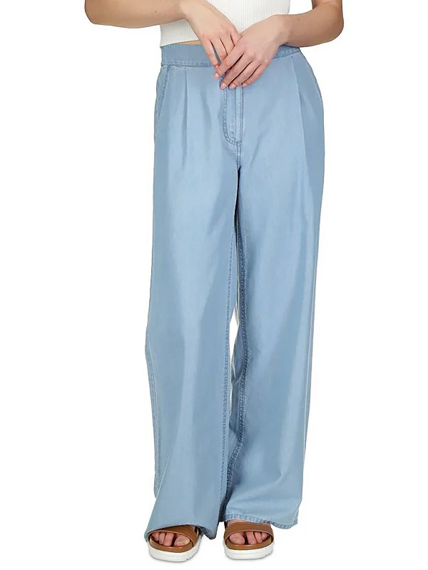 Petites Womens Tencel Pleated Wide Leg Pants