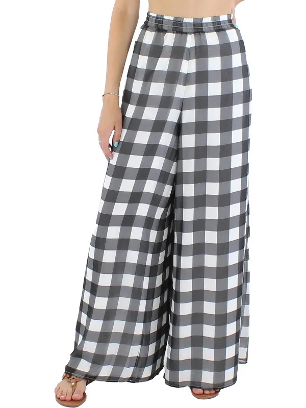 Womens Chiffon Check Print Wide Leg Pants