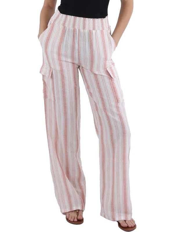 Womens Smocked Striped Straight Leg Pants